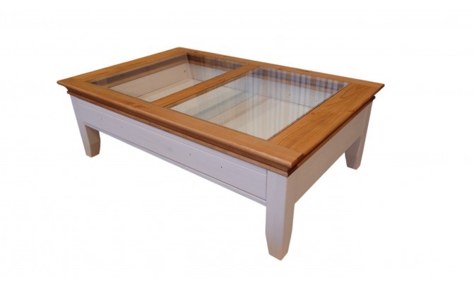 Стол журнальный со стеклом из массива сосны (белый воск/бейц масло)